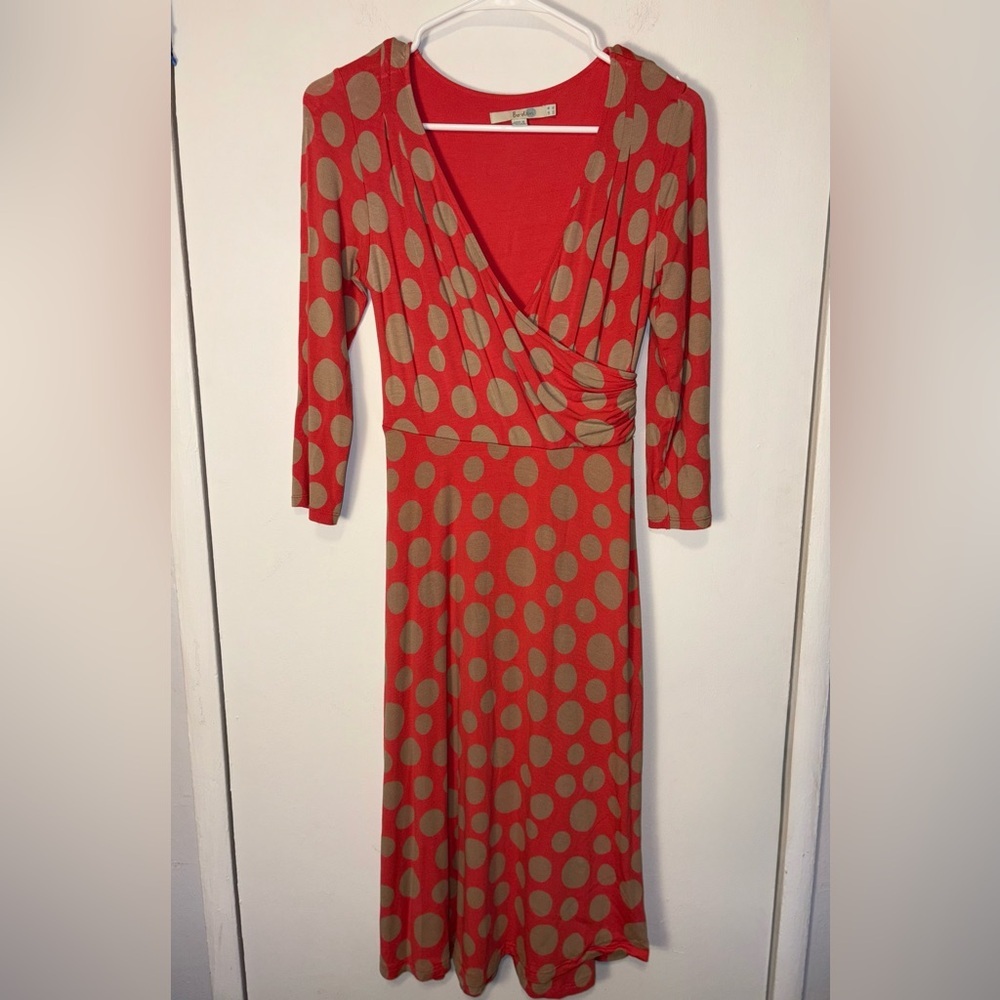 Boden Rosebury Polka Dot Jersey Midi Faux Wrap Dress Coral/Tan Size 4 LONG